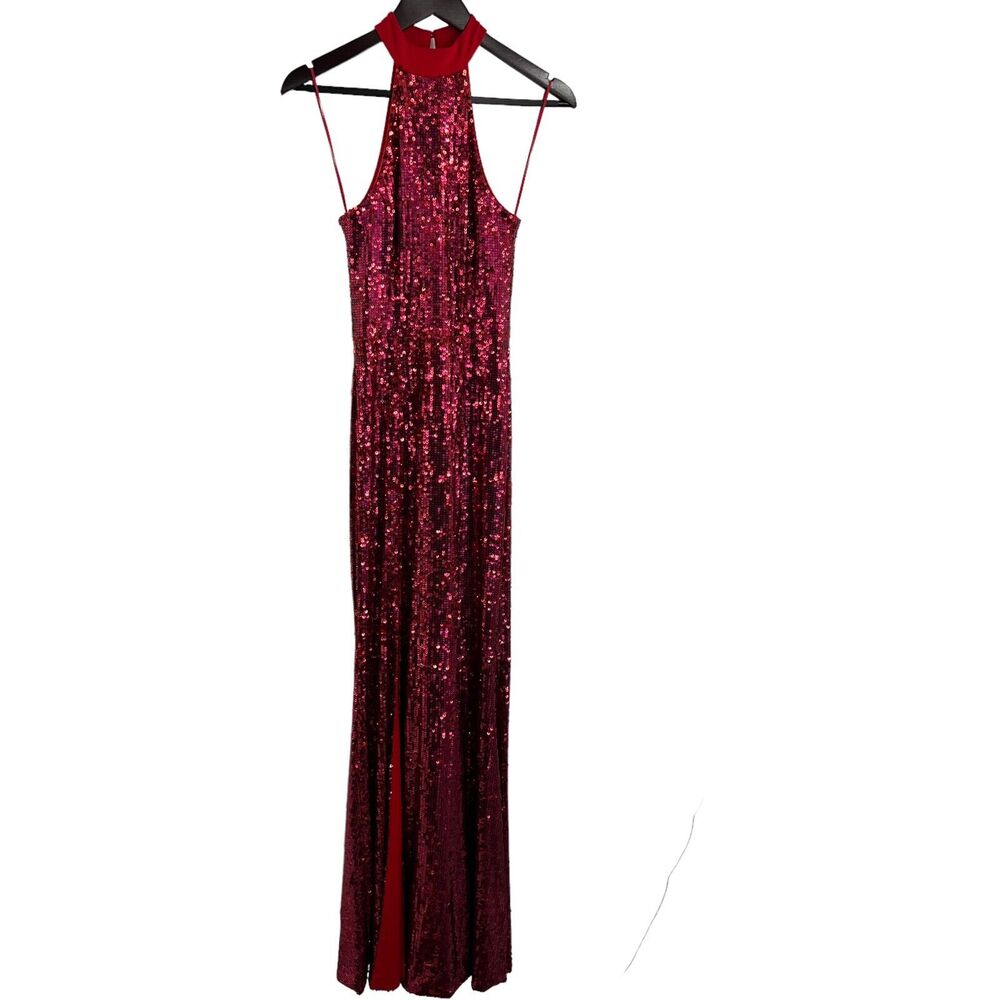 Dress the Population Red Sequin Halter‎ Maxi XS New